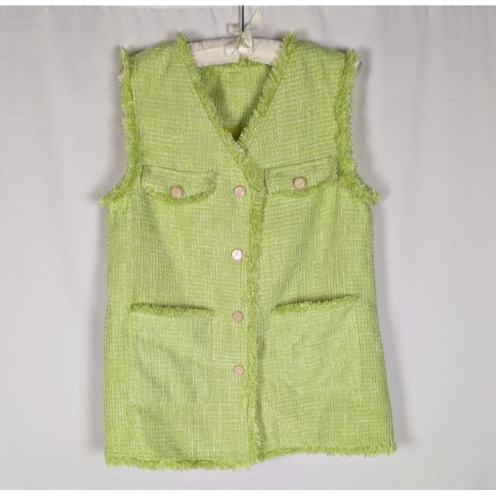 Women's Vest M Green Tweed Boucle Button Down Fringe Trim Pockets Long